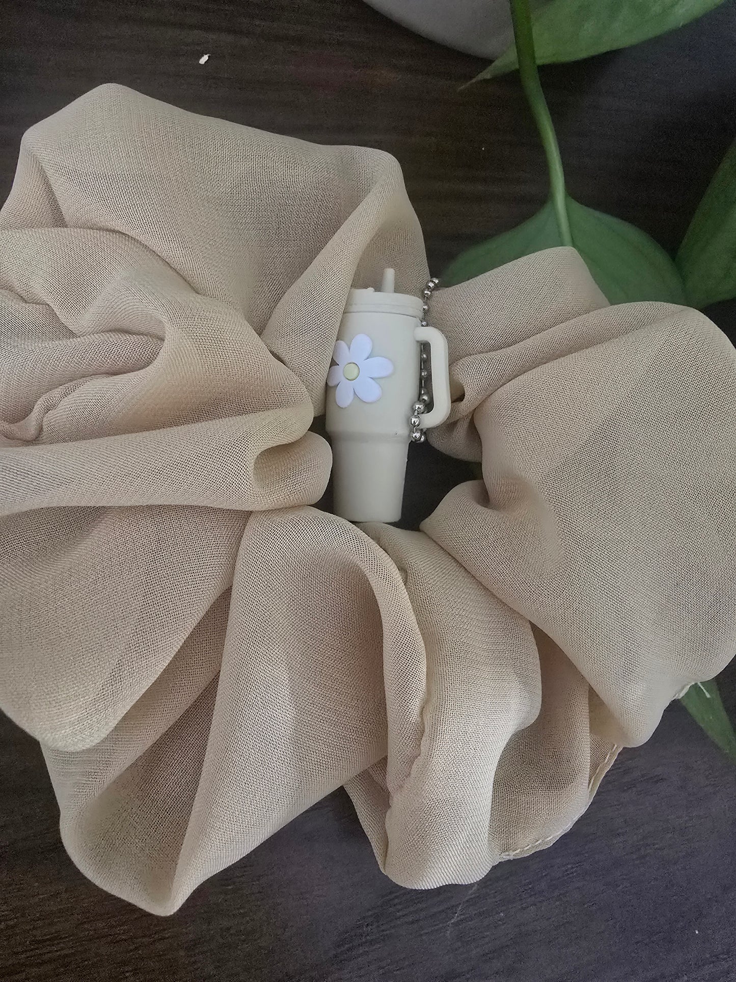 Cloud Puff & Sip Set-Oversized Silky Organza Scrunchie with Cup Key Chain