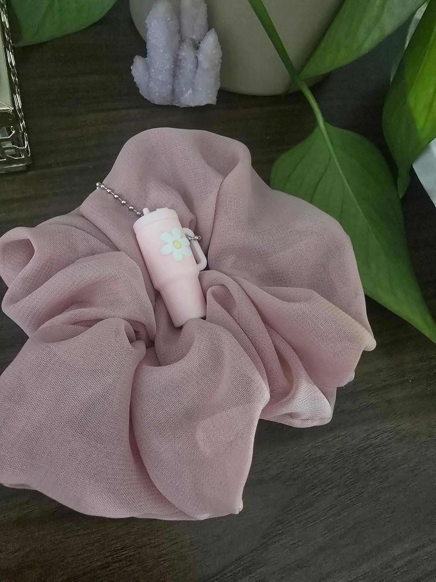 Cloud Puff & Sip Set-Oversized Silky Organza Scrunchie with Cup Key Chain