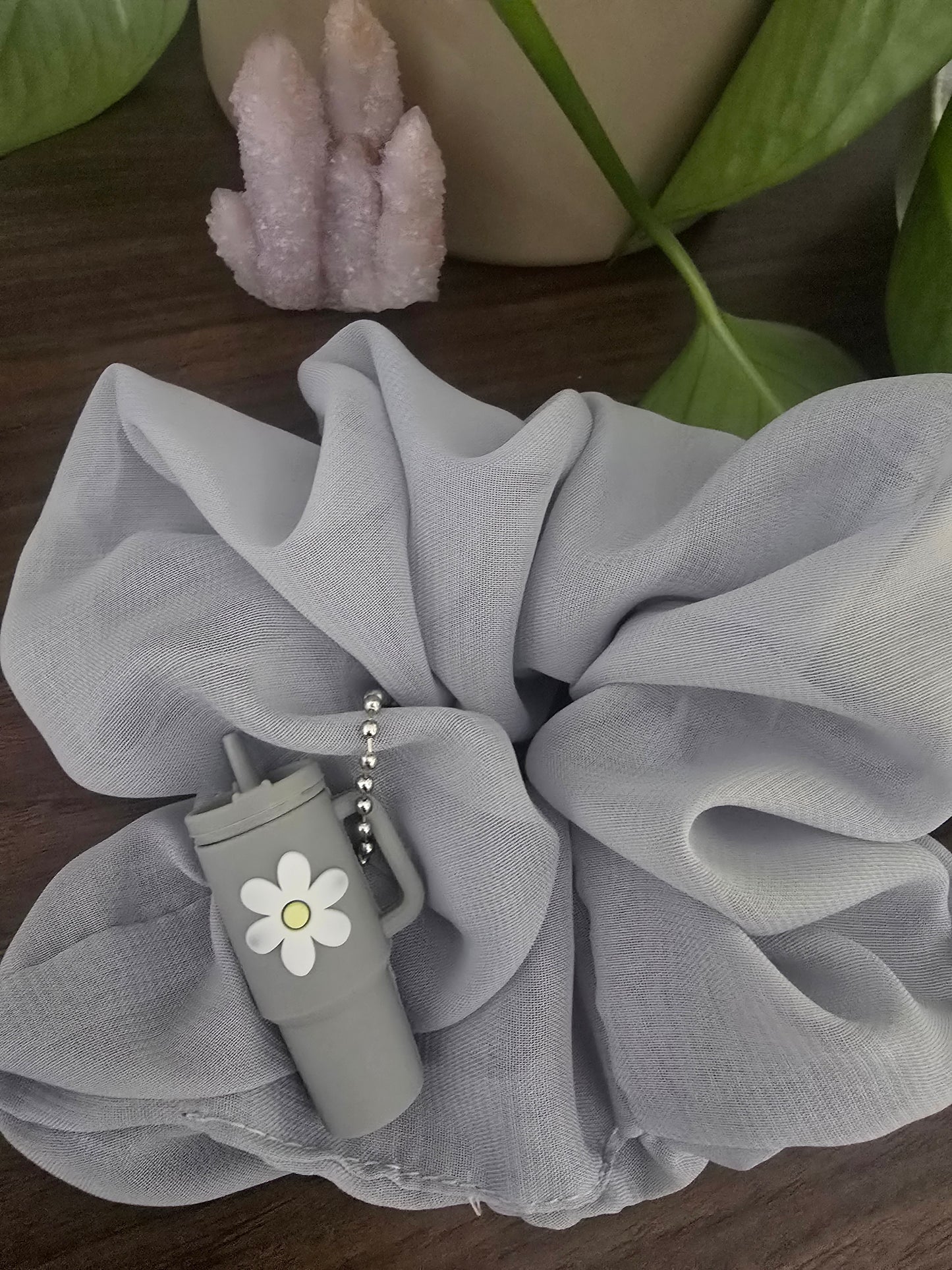 Cloud Puff & Sip Set-Oversized Silky Organza Scrunchie with Cup Key Chain