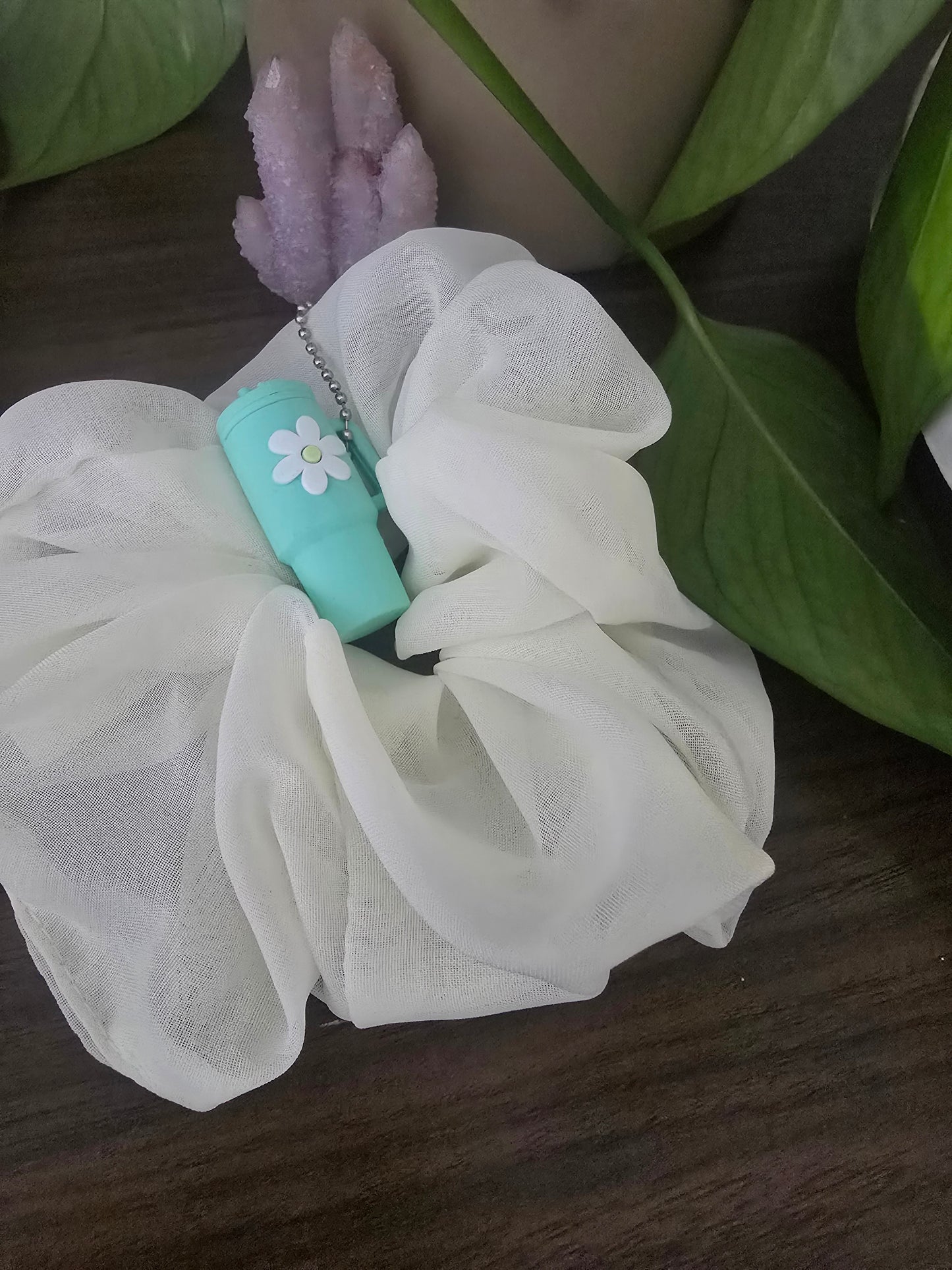 Cloud Puff & Sip Set-Oversized Silky Organza Scrunchie with Cup Key Chain