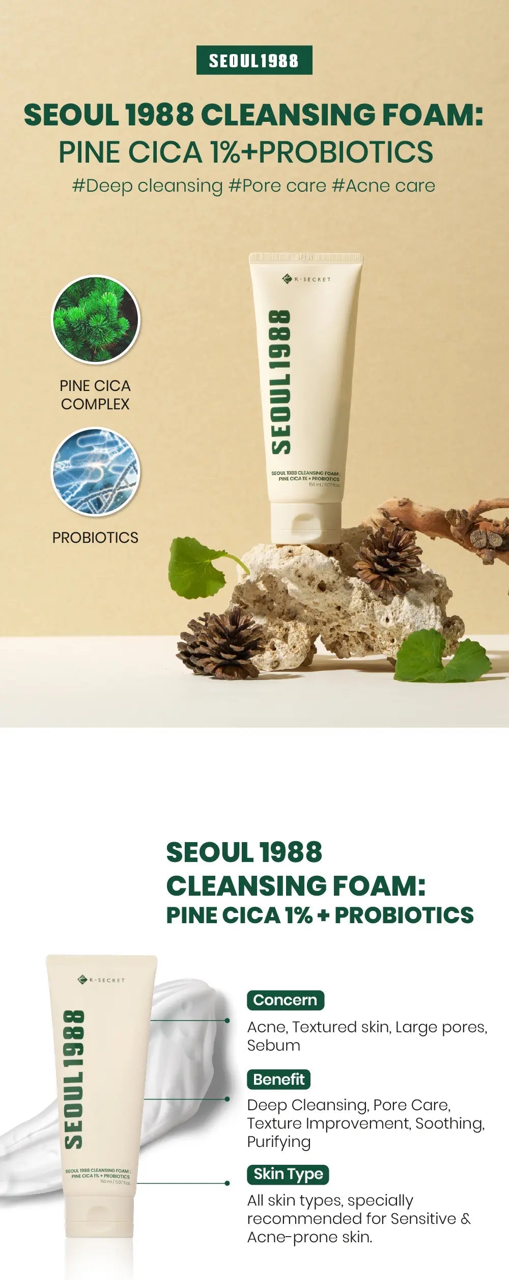 [KSECRET] Cleansing Foam : Pine Cica 1% + Probiotics 150ml